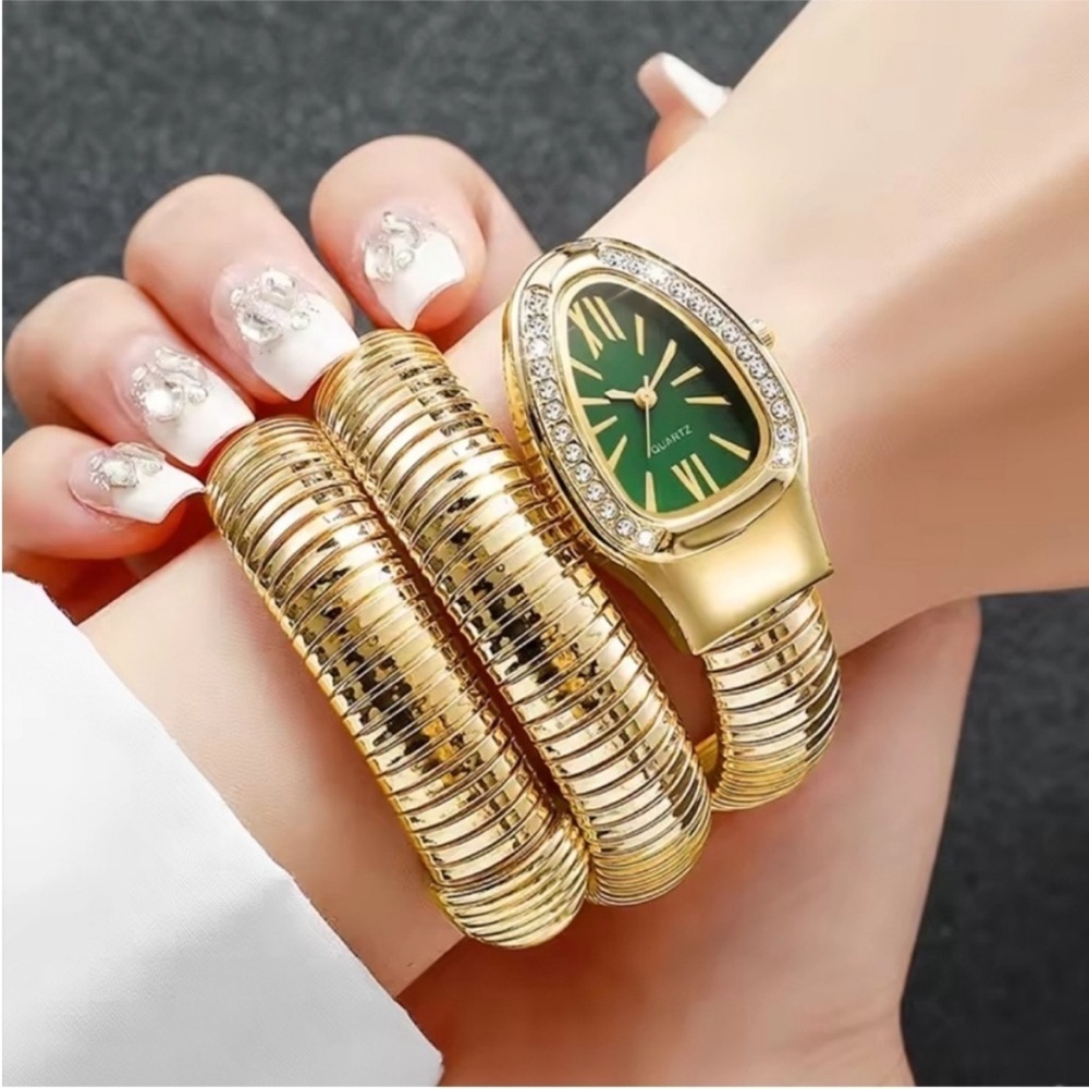 Luxury Gold Coil Bracelet Watch with Green Dial